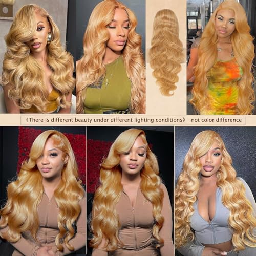 Honey Blonde Wig Human Hair 13x6 Body Wave Hd Lace Front Wigs Human Hair Pre Plucked 27# Colored Blonde Lace Frontal Wig 180% Density Real Hair Wavy Human Lace Front Wigs For Black Women 32Inch