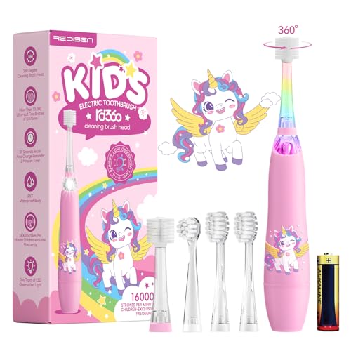 Kids Electric Toothbrush, Sonic Toothbrush for Toddler Children & Baby Ages 1-3 2-4 5+, with 2-Minute Smart Timer & Fun LED Light, 4 Brush Heads Soft Bristles, Battery Powered (Pink Unicorn)