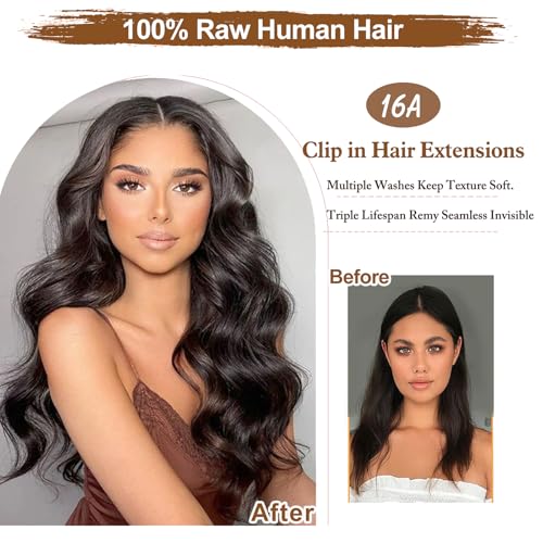 16A Premium Clip in Hair Extensions Real Human Hair, 20inch 120g 7pcs £¨Service life1.5~2 years£©Remy Seamless Invisible Double Weft Human Hair, #1 Natural Black Multiple Washes Keep Texture Soft