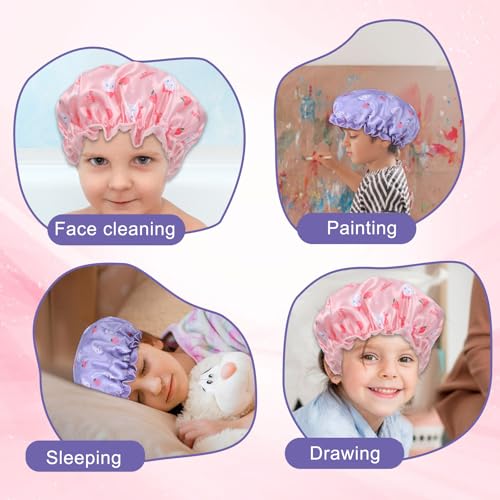 TIESOME Kids Shower Caps, 2 PCS Pink & Purple Waterproof Double Layers Shower Caps Cute Rabbit Bonnets Elastic Band Bonnet Satin and Eva Soft Sleeping Cap Reusable Cap for Kids