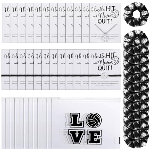 Juexica 48 Pcs Volleyball Team Gifts for Teen Girls: 12 Hair Scrunchies 12 Charm Bracelet 12 Necklace and 12 Love Pattern Waterproof Cosmetic Bags for Players and Volleyball Lovers