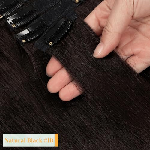 Loxxy Invisible Yaki Straight Clip Ins Seamless Natural Black PU Clip in Human Hair Extensions Thick 22 Inch Yaki Clip Ins for Black Women 110 Gram 7 Pieces #1B Color