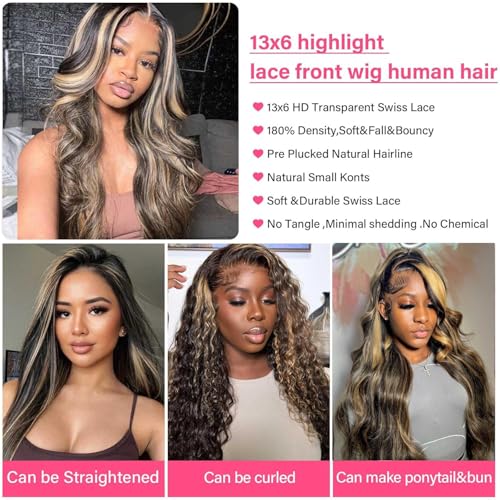 Juvid 13x6 Highlight Lace Front Wigs Human Hair FB/27 Ombre Body Wave HD Transparent Balayage Lace Front Wig Human Hair 180% Density Glueless Wig 26inch for Black Women Pre Plucked Hairline