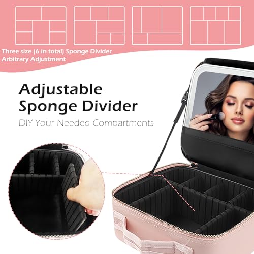 MOMIRA Travel Makeup Bag Cosmetic Bag with Lighted Mirror, Adjustable Brightness in 3 Color Scenarios, Waterproof, 10x Magnifying Mirror, Rotatable Independent Light Mirror- Pink(Solid)