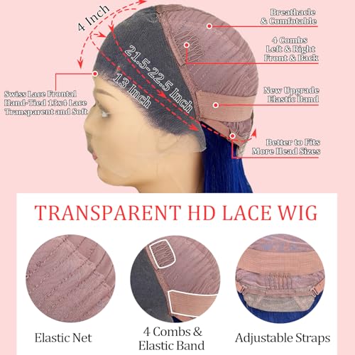 30 Inch Blue Lace Front Wigs Human Hair Straight Frontal Wigs Dark Blue 13x4 Hd Lace Front Wig Wear and Go Glueless Frontal Wigs Human Hair Pre Plucked With Baby Hair Royal Blue Colored Wigs for Women