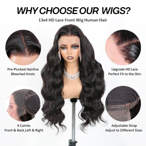 13x4 Body Wave Lace Front Wigs Human Hair Pre Plucked 200 Density Glueless Human Hair Wigs for Women 30 Inch HD Frontal Wig with Baby Hair