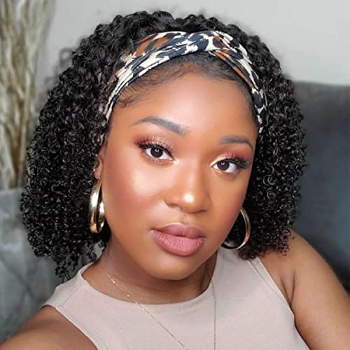 Short Curly Headband Wigs Human Hair Wig for Black Women, Glueless Kinky Curly Weave Wigs 100% Unprocessed Hair None Lace Front Wigs Color 1B 150% Density (14", 1B, Curly)