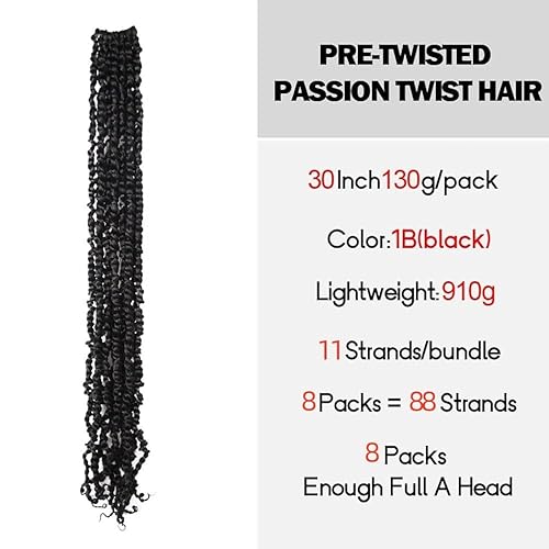 Long Passion Twist Hair 30 Inch Pre-twisted Crochet Hair Natural Black Pre-looped Synthetic Crochet Braids (8 Packs,1B)