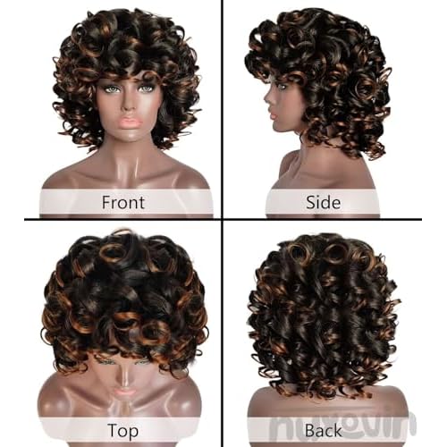 Short Curly Wigs Human Hair for Black Women Mixed Brown Afro Soft Wig with Bangs Heat Resistant Natural Cute Breathable Capless Glueless Lightweight Tangle Free