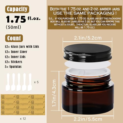 1.75 oz Glass Jars with Lids,Amber,12 Pack Empty Cosmetic Containers with Inner lids and Inner Liners,Black Metal Lids,Refillable Round Airtight Jars,Use to store Lotion,Powders,Candle Making