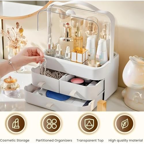 Makeup Organizer and Storage for Vanity with Lid and Drawers, Waterproof and Dustproof Portable Skincare Cosmetics Boxes, Makeup Caddy Holder for Vanity Countertop, Bathroom, Dresser-All White