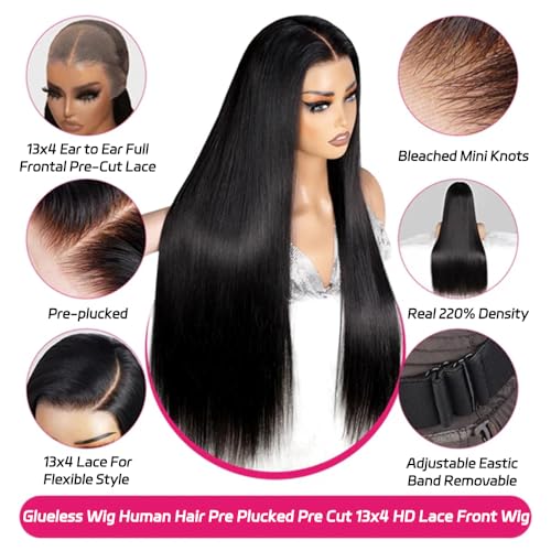 Amella Glueless Wigs Human Hair Pre Plucked Pre Cut Lace Glueless Wig Wear and Go 24 Inch 220% Density 13¡¿4 HD Lace Closure Wigs Human Hair 12A Straight Human Hair Wig Bleached Knots Natural Color