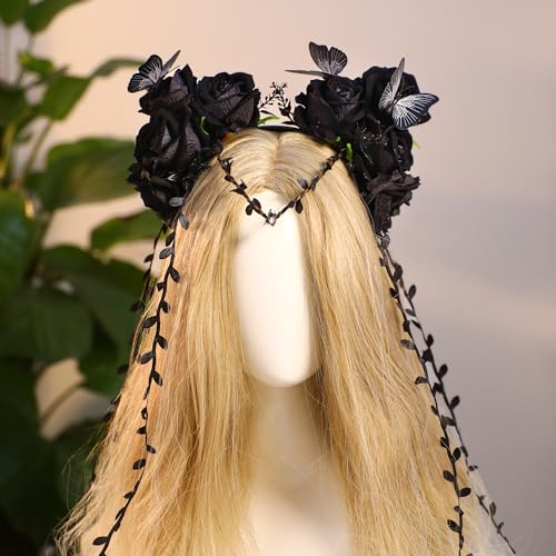 MOSTORY Black Flower Crown Headband - Gothic Floral Headpiece with Butterfly Dark Fairy Crown for Women Witch Aesthetic Renfaire Renaissance Party Cosplay