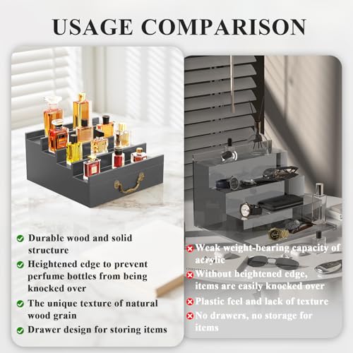 ONKO Cologne Stand for Men,Fragrance Display Stand for Men,Black Cologne Storage Shelf,4-Tier of Elevated Perfume Holder with Drawer,Wooden Fragrance and Watch Shelf Organizer,Room Decor Accessories