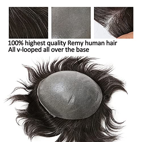 0.08mm Ultra Thin Skin Toupee for Men 100% European Virgin Real Human Hair Replacement Wigs 8x10 inch Hairpiece Natural Straight Free Style 90% 1B Black Mixed 10% Grey Hair