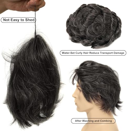 Mens Swiss Lace Toupee, #1B30 Natural Black with 30% Gray Hair 7x9 Inch Size Single-Knotted Invisible Hairline Remy Human Hair Piece