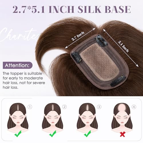 Hair Toppers for Women Real Human Hair 18 Inch Long Straight Toppers for Women with Thinning 7 * 13CM Silk Base Clip in Hairpieces with Bangs (Medium Brown)