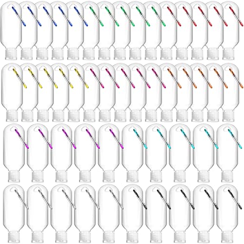 50 Pcs Traveling Bottles with Keychain 2oz Clear Plastic Hand Sanitizer Holder Keychain Empty Refillable Liquid Packing Container Squeeze Plastic Bottle with Lid,Rectangle