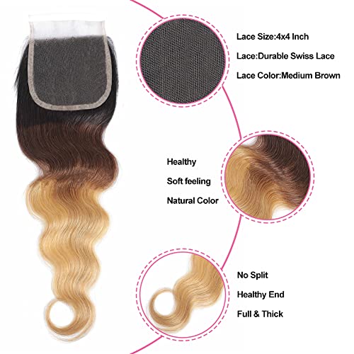 Shining Girl 12A Ombre Body Wave Bundles With Closure Brazilian Virgin Remy 100% Human Hair Ombre 3 Tone T1B/4/27 Color Human Hair Extensions 3 Bundles with 4x4 Lace Closure (18 20 22+16, 1B#/4#/27#)