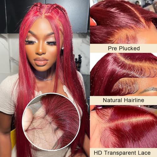 99j Burgundy Lace Front Wigs Human Hair 200% Density 13x4 99j Straight Lace Front Wigs Human Hair Wine Red Colored Human hair wig Pre Plucked Glueless HD Lace Frontal Wigs for Women 20 Inch