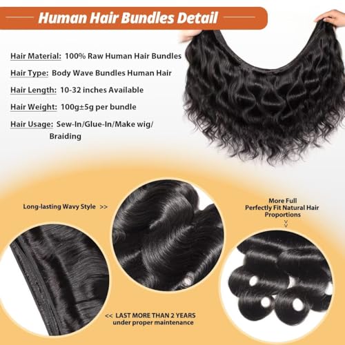 12A Human Hair Bundles 20 Inch Body Wave Bundles Human Hair 100% Unprocessed Brazilian Virgin Organique Quick Weave 1 Bundle for Women Wet and Wavy Human Hair Extensions Natural Black
