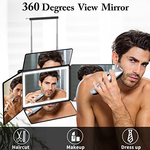 UHdod 5 Way Mirror for Hair Cutting with LED Light, 360¡Æ Barber Mirrors with Adjustable Height Brackets, Makeup Mirror for Self Cut, Shaving, Grooming, Good Gifts for Men Women