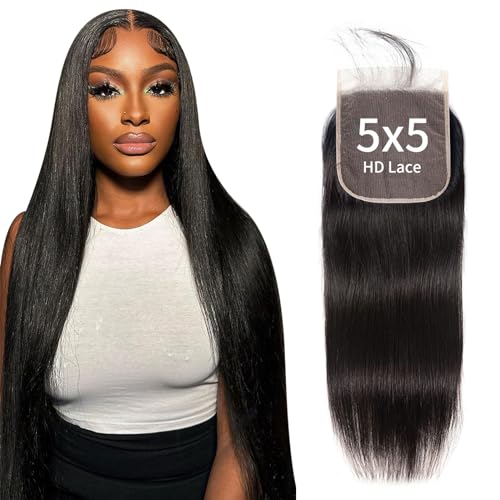 5x5 Skinlike Real HD Lace Closure 100% Raw Cambodian Pre-plucked Straight Human Hair 0.10mm Ultra-thin Melted Invisible Swiss Lace Small Single Knot Hand-Tied & No Shedding 20 Inches