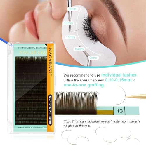 NAGARAKU Natural Brown Color Eyelash Extensions Classic Faux Mink Volume 20 Rows Soft Eyelash Supplies Individual Lashes(0.10mm B curl 7-15mm Mix Tray)