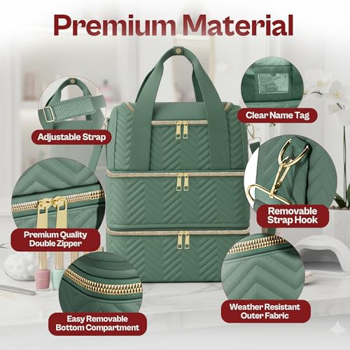 Castal Nail Polish Organizer Bag?3-Layer Nail Organizers and Storage Bag with Detachable Bottom Section?Holds 84 Bottles?Embroidered Nail Polish Case Organizer with Luggage Strap & Card Slot?Teal