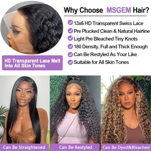 MSGEM 13x6 HD Lace Front Wigs Human Hair Deep Wave Lace Front Wigs 12A Human Hair Wigs for Women 180 Density 18 inch Curly Human Hair Wig Transparent Lace Frontal Wig Pre Plucked Natural Color