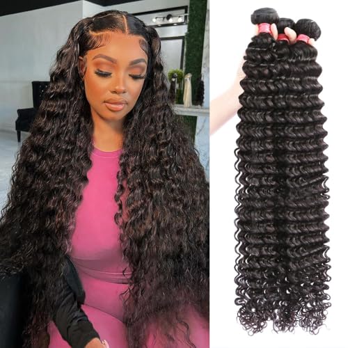 12A Deep Wave Human Hair Bundles 18 20 22 Inch Brazilian Curly 3 Bundles Human Hair 100% Unprocessed Virgin Wet and Wavy Hair Weave 1B Black
