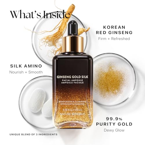 Nature Republic Ginseng Gold Silk Facial Ampoule, Hydrating moisturizer, Niacinamide & Silk Amino Acid, Royal Jelly Extract, Korean Skin Care for all skin types, Holiday Gifts 100 ml / 3.38 Fl. oz.