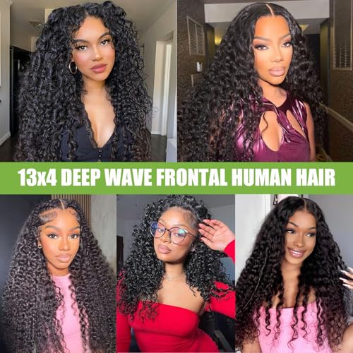 13x4 HD Lace Frontal Closure 12 Inch Deep Wave Lace Frontal Human Hair 100% Unprocessed Brazilian Virgin Hair Ear to Ear Swiss HD Transparent Lace Closure Culry Pre Plucked Free Part Natural Black