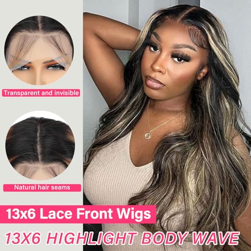 Juvid 13x6 Highlight Lace Front Wigs Human Hair FB/27 Ombre Body Wave HD Transparent Balayage Lace Front Wig Human Hair 180% Density Glueless Wig 26inch for Black Women Pre Plucked Hairline
