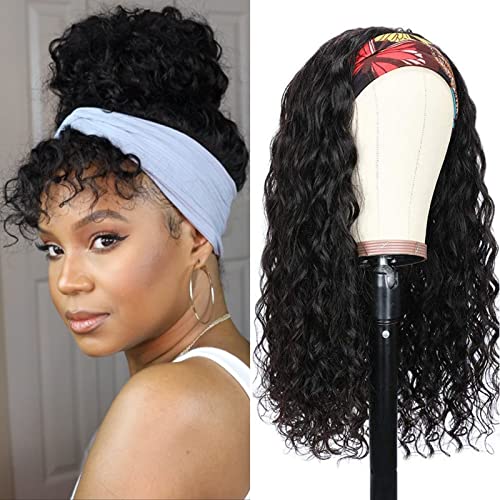 Water Wave Headband Wig Human Hair for Black Women 14 Inch Wet and Wave Headband Wig Brazilian Virgin Hair Glueless None Lace Front Water Wave Wigs Human Hair Natural Black 150% Density