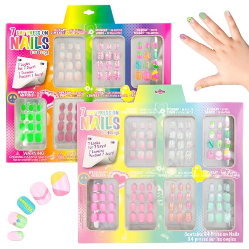 7 Day Manicure Collection - 84PC Press On Nail Set, Day-of-The-Week Adhesive False Nails for Girls (Set of Brights or Pastels) ? Colorful Novelty Designs Stick On Nails for Kids