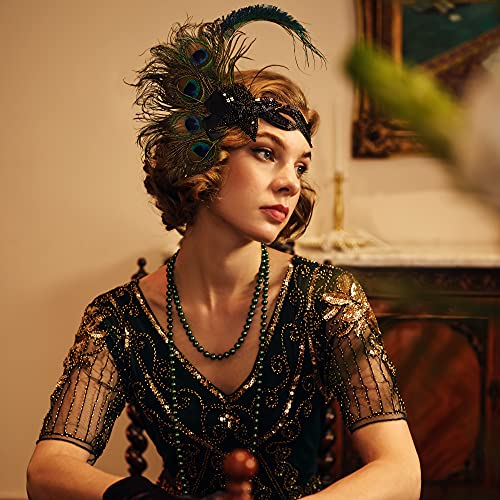 BABEYOND 1920s Flapper Headband Peacock Feather Headpiece Gatsby Accessories for Women Sequined Showgirl Headpiece