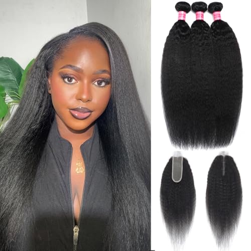 Yaki Straight Bundles with Closure (20 22 24+18) 100% Unprocessed Kinky Straight 3 Bundles with 2x6 Lace Closure Sew in Natural Color for Black Women
