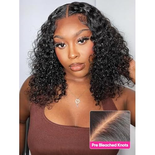 ISEE Glueless Bob Wigs Human Hair Pre Plucked Pre Cut Water Wave Human Hair Wig for Black Women 5x7 HD Lace Closure Wigs 180% Density (Black, 16 Inch)