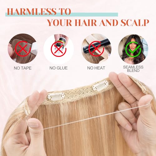 Benehair Halo Blonde Hair Extensions Real Human Hair Halo Extensions for Women 100% Human Hair Invisible Wire Hair Extensions Ash Blonde Highlights Bleach Blonde #18P613 22"