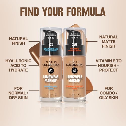 Revlon Liquid Foundation, ColorStay Face Makeup for Combination & Oily Skin, SPF 15, Medium-Full Coverage with Matte Finish, 220 Natural Beige, 1 Fl Oz