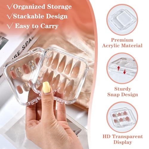 48 Sets Press On Nail Storage Box, Clear Artificial Nail Display Case Acrylic Nail Boxes Press On Nail Packaging Box, Adhesive Double Sided Tape Nail Box for Nail Salon