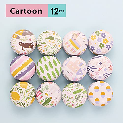 Rarapop 12 Pack Reusable Mini Round Tinplate Candle Tin Jars with Lids, 20ml Small Cartoon Travel Tin Cans Refillable Empty Container Bottle for Lip Balm, Salve, Eye Shadow, Powder