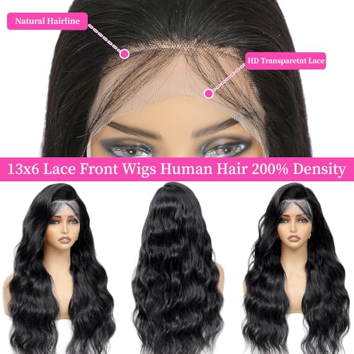 32 Inch Body Wave Lace Front Wigs Human Hair Pre Plucked 200 Density 13x6 HD Lace Frontal Wigs Invisilbe Hairline Real Virgin Human Hair Wig Natural Black 3X Longer Lifespan