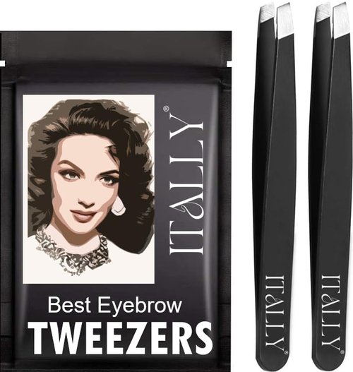 ITALLY Professional Eyebrow Tweezers Slant Tip, Grabs any Hair, Premium Stainless Steel, The Best Precision, Portable Beauty Tool for Eyebrows, Facial Hair, Ingrown Hair, Fine Hair, Blackhead (Black)