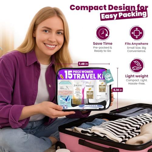 Trektote Travel Toiletry Kit For Women ? 15 Piece Set of Premium Travel Size Toiletries, TSA Compliant Travel Essentials, Includes Shampoo And Conditioner, Body Wash, Toiletry Bag & More