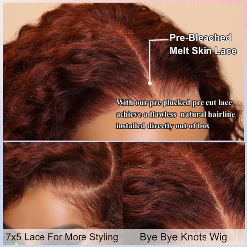 Reddish Brown glueless wigs human hair pre plucked pre cut Deep Wave 7x5 Wear And Go Closure Wigs Reddish Brown Lace Front Wigs Human Hair 180% Density Auburn Wig for Women 10 Inch