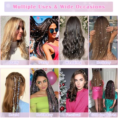 Hair Tinsel, 18 Colors 7800 Strands 48 Inch Glitter Tinsel Hair Extensions Kit Heat Resistant Daily Use Festivals Shiny Fairy Hair Accessories for Girls Kids Women (18 Colors)