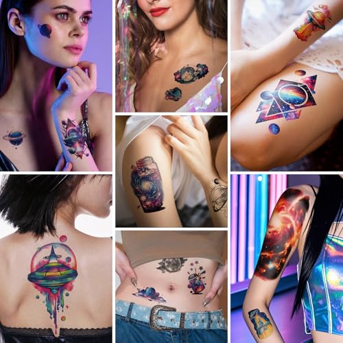 77 Sheets Temporary Tattoos, 17 Sheets Space Planet Astronaut Rockets Half Arm Fake Tattoo for Adults Men Women, 60 Sheets Small Waterproof Lasting Stickers Tattoo for Boys Girls Kids Party