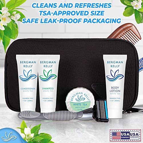 BERGMAN KELLY Hotel Toiletries Bundle (White Tea, 1 oz each, 200 Pieces) 4-Piece Set: 50 Rectangular Bar Soap, 50 Shampoo, 50 Conditioner & 50 Body Lotion - Bulk Mini Guest Amenities